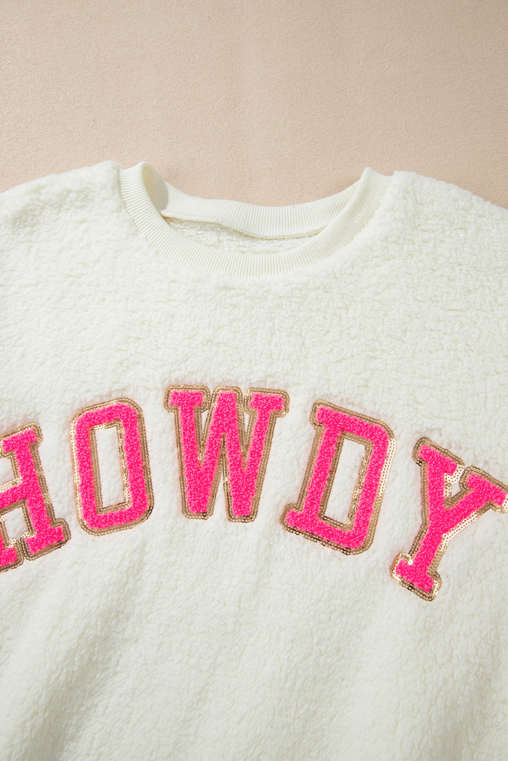 HOWDY Patched Round Neck Sherpa Sweatshirt - Charming Charlie