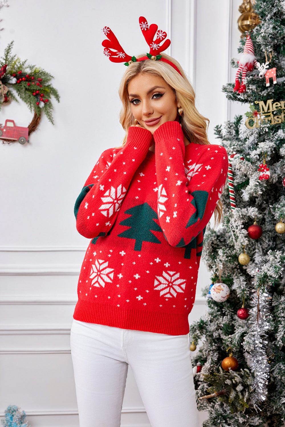 Christmas Tree Round Neck Long Sleeve Sweater - Charming Charlie