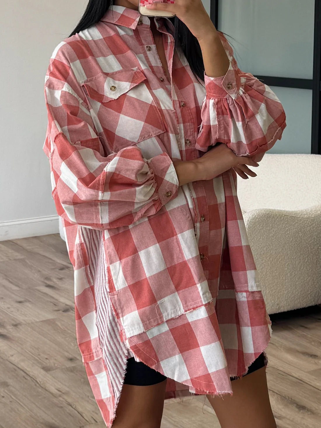 Plaid Collared Neck Long Sleeve Shirt Dress - Charming Charlie
