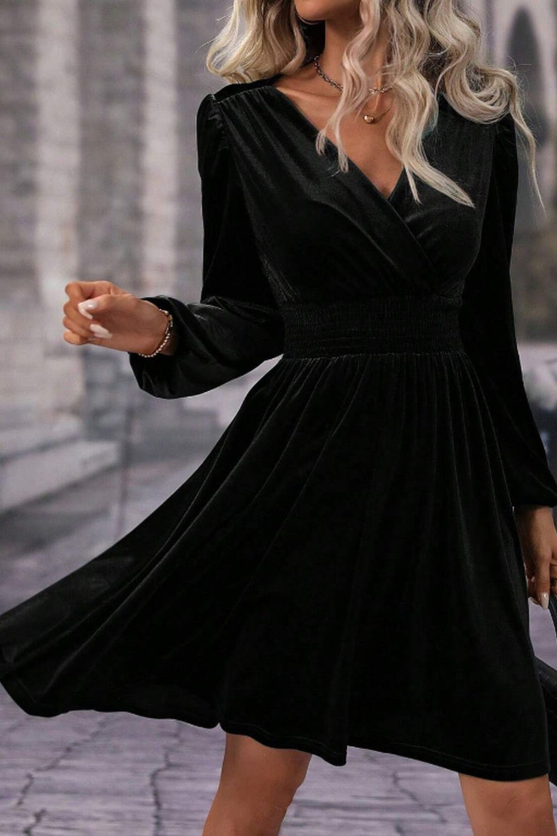 Surplice Long Sleeve Velvet Dress Black / XL