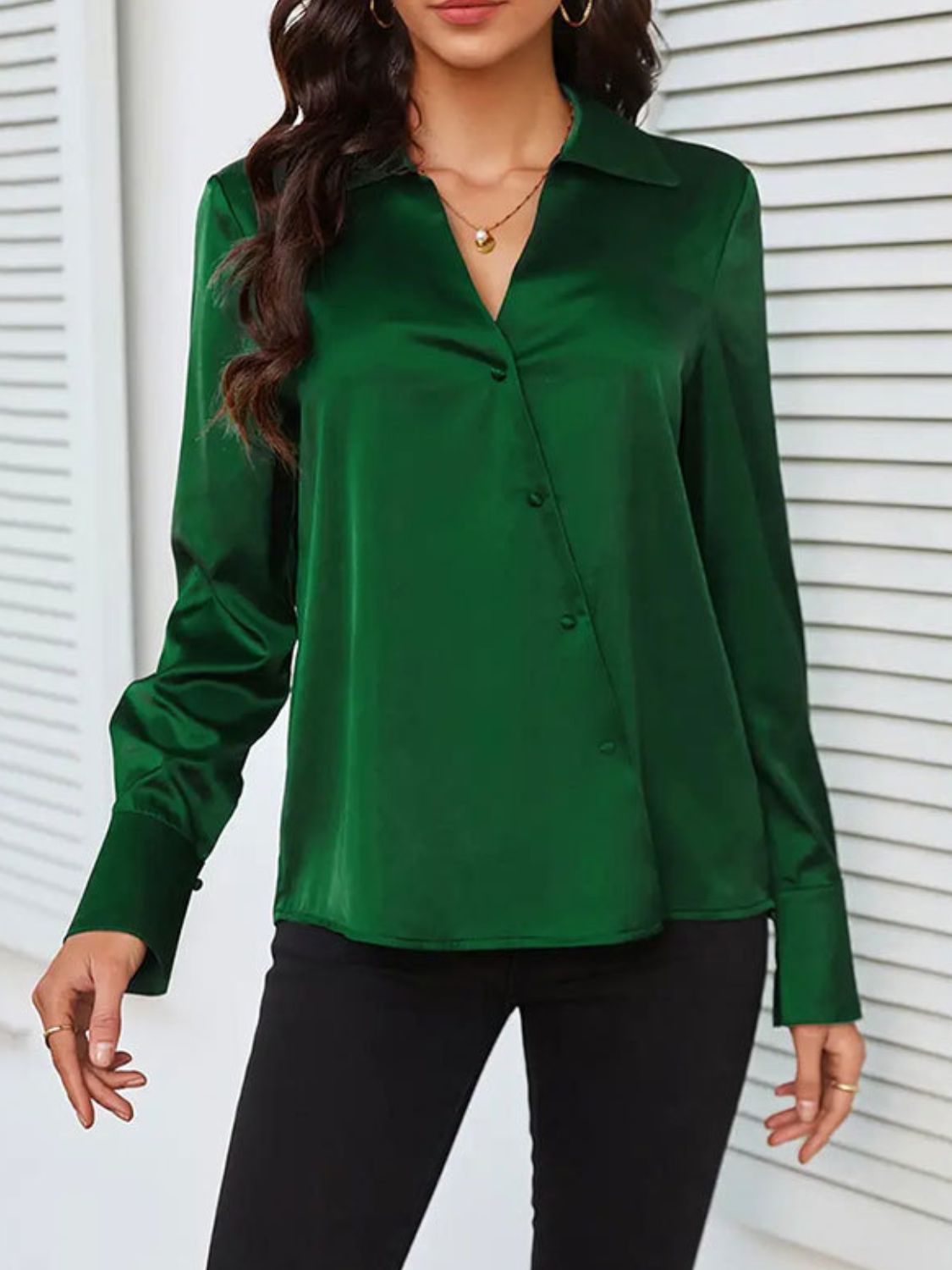Button Up Collared Neck Long Sleeve Shirt - Charming Charlie