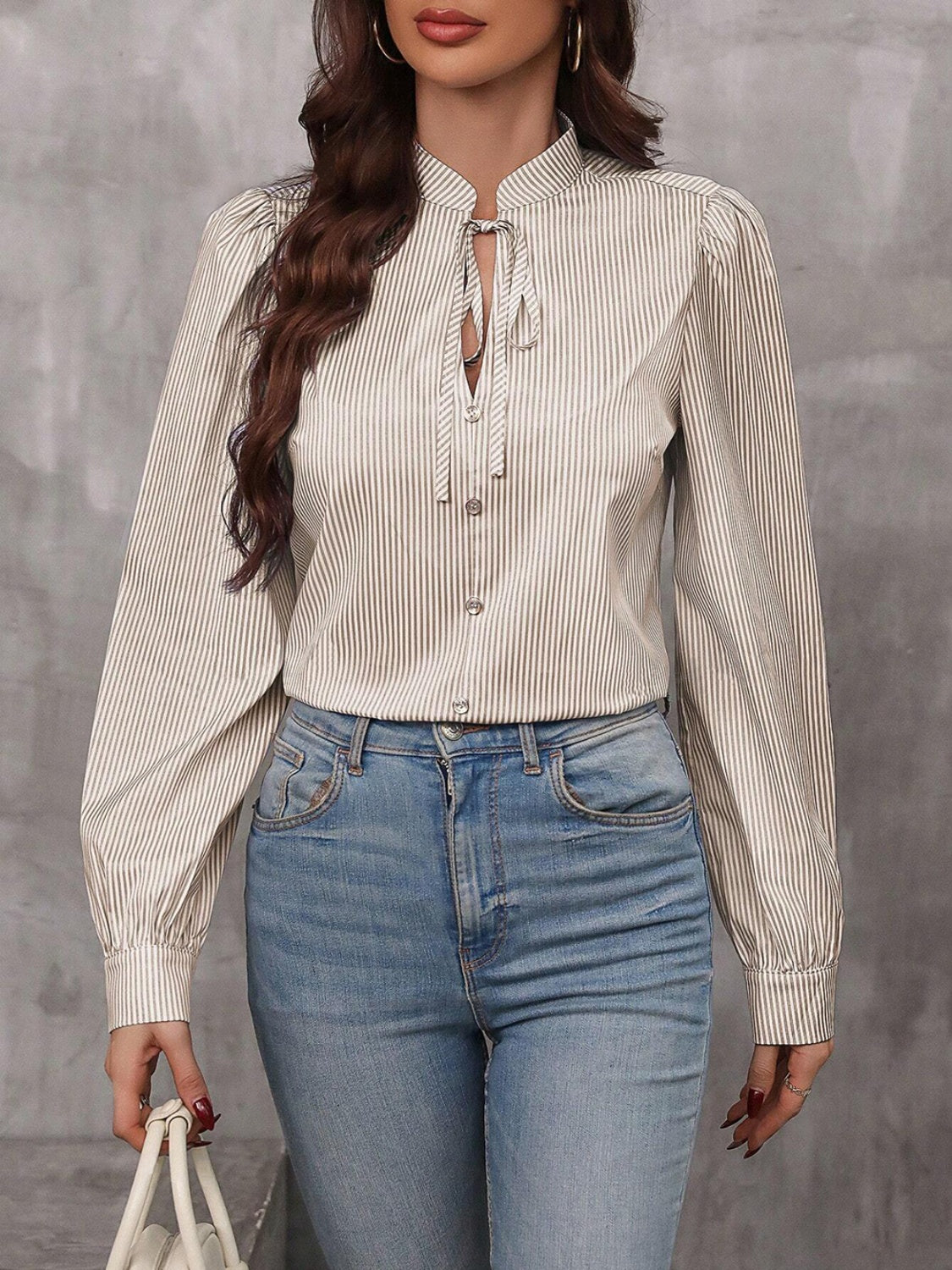Striped Tie Neck Long Sleeve Blouse - Charming Charlie