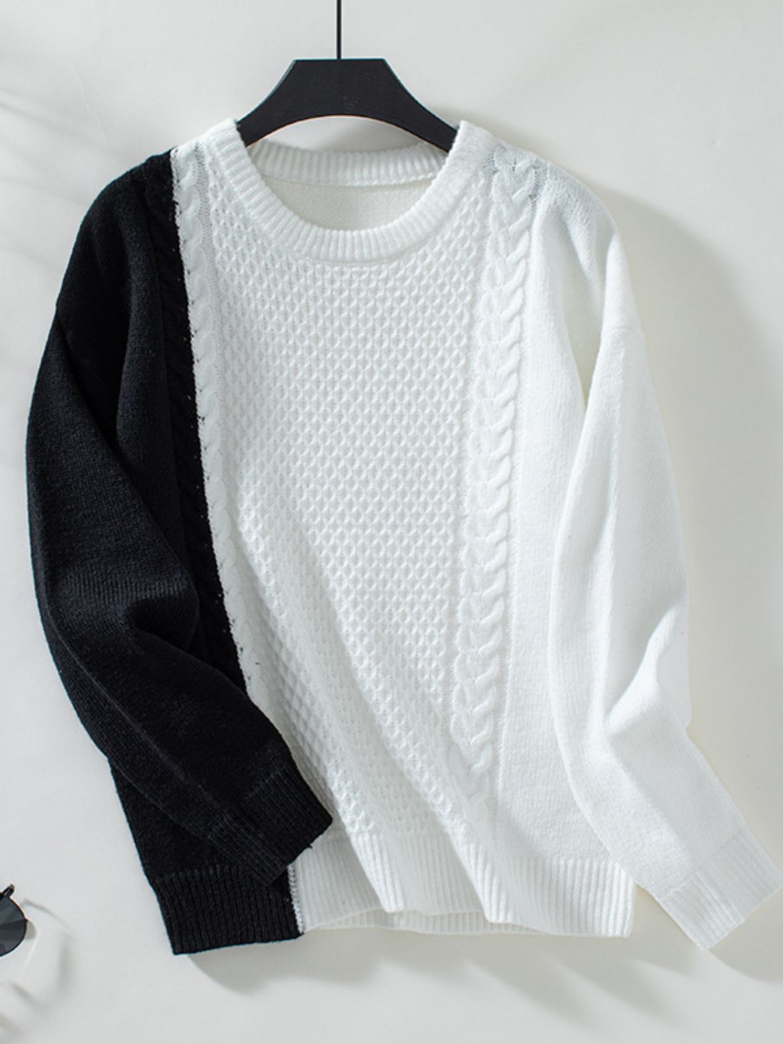 Two Tone Cable Knit Round Neck Long Sleeve Sweater - Charming Charlie