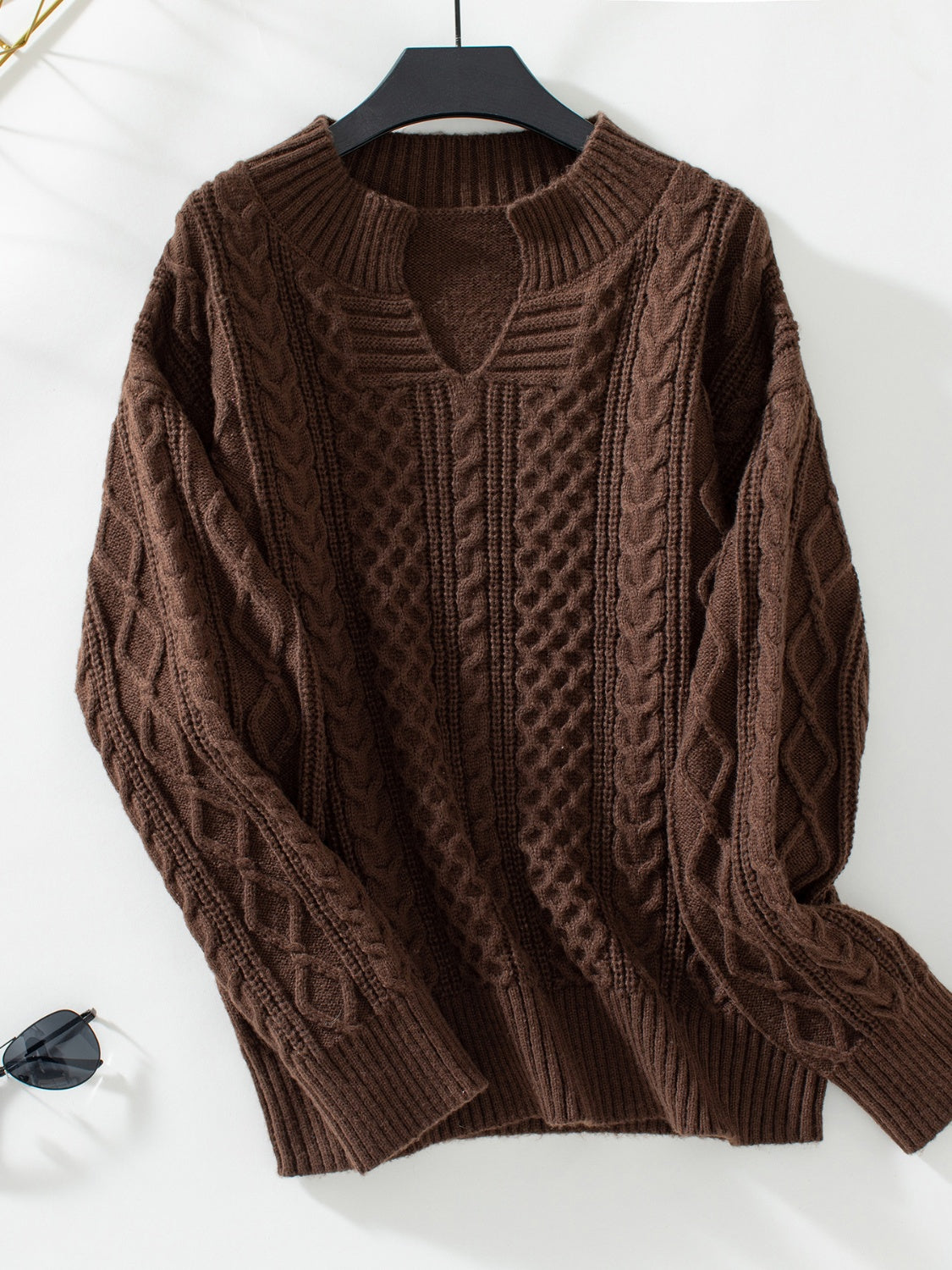 Cable-Knit Notched Long Sleeve Sweater - Charming Charlie