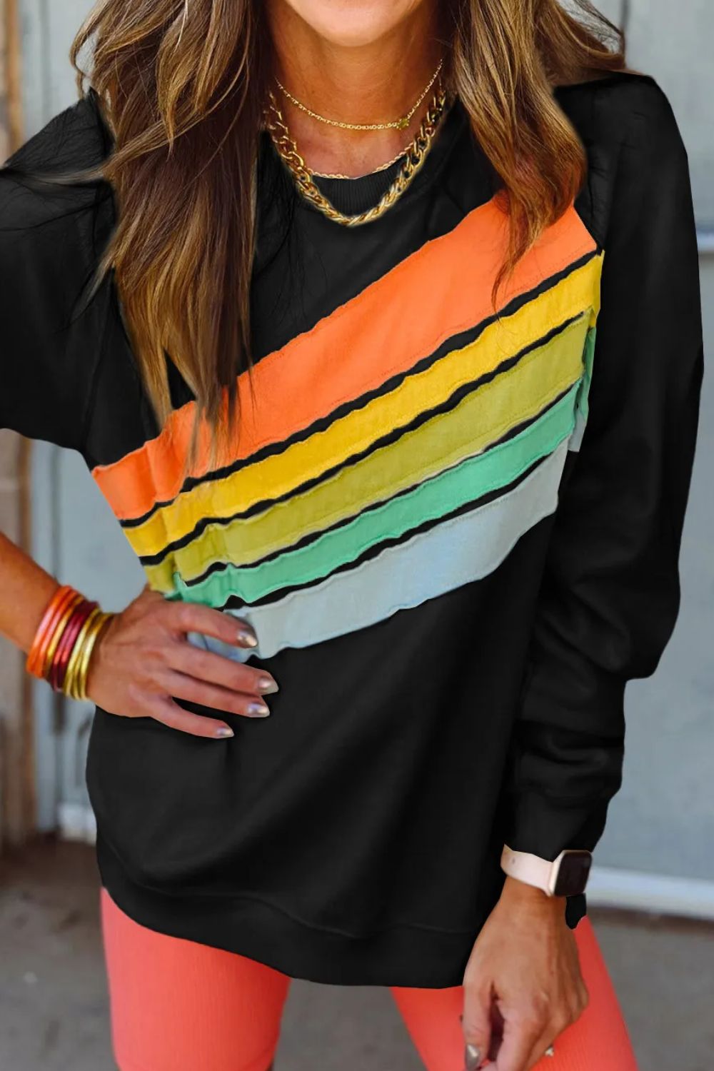 Contrast Round Neck Long Sleeve Sweatshirt - Charming Charlie