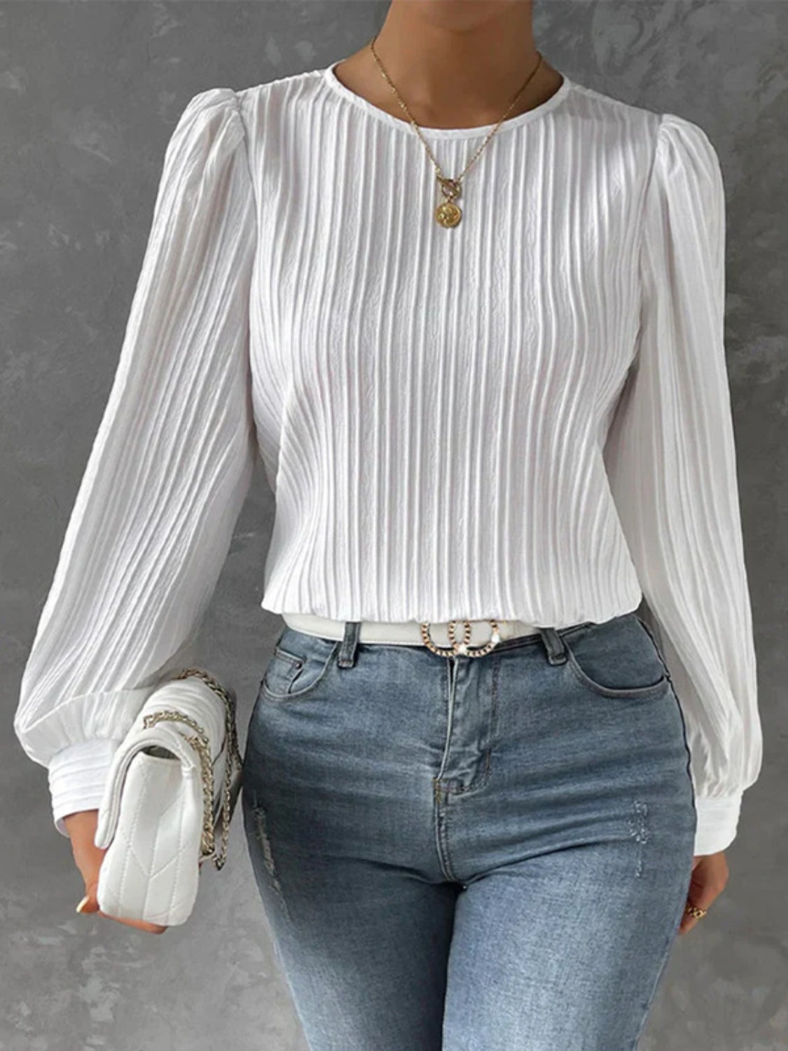 Round Neck Long Sleeve Blouse - Charming Charlie