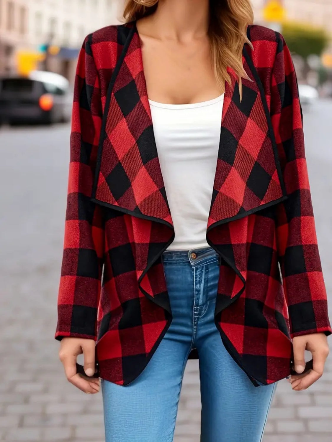 Plaid Open Front Long Sleeve Jacket - Charming Charlie