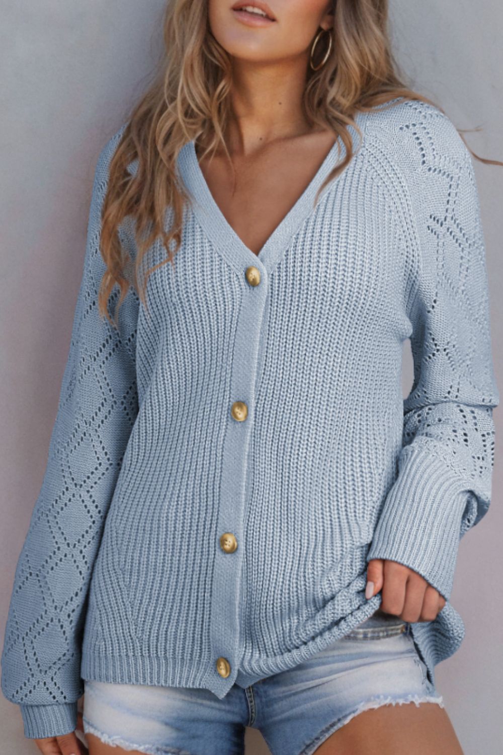 Openwork V-Neck Button Up Cardigan - Charming Charlie