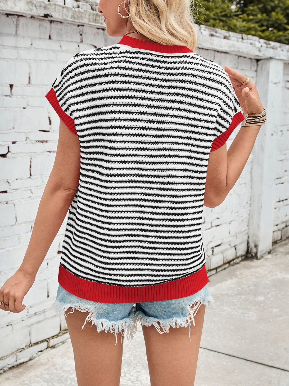 Lovelet Striped Round Neck Cap Sleeve Sweater - Charming Charlie
