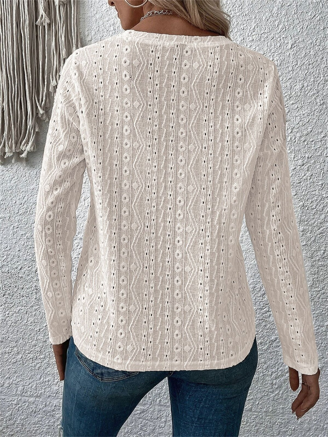 Eyelet Round Neck Long Sleeve Blouse - Charming Charlie
