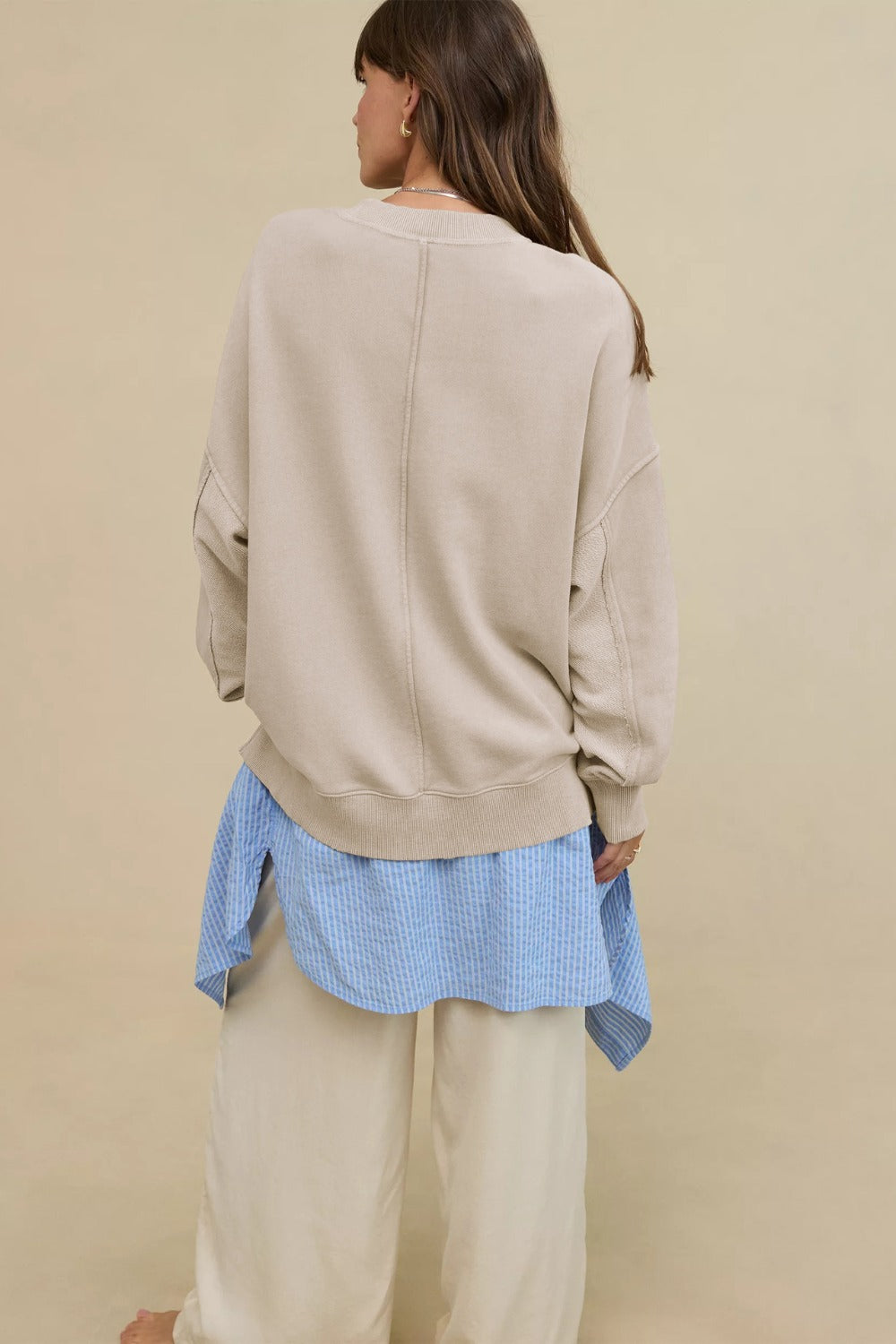 Side Slit Round Neck Long Sleeve Sweatshirt - Charming Charlie