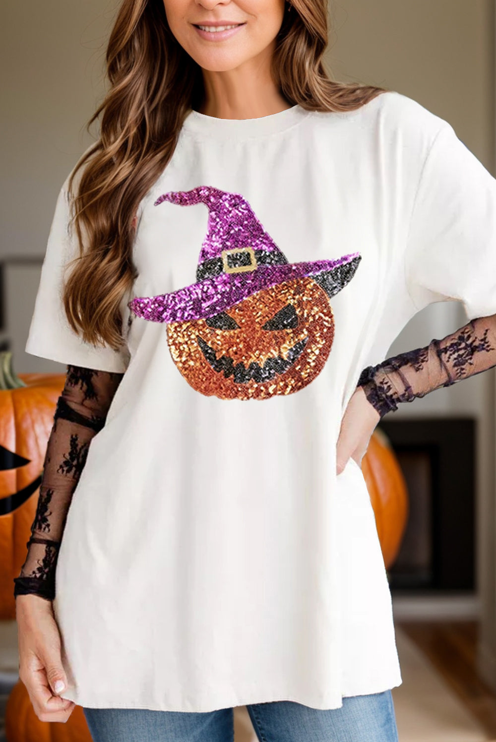 Sequin Pumpkin Round Neck Short Sleeve T-Shirt - Charming Charlie