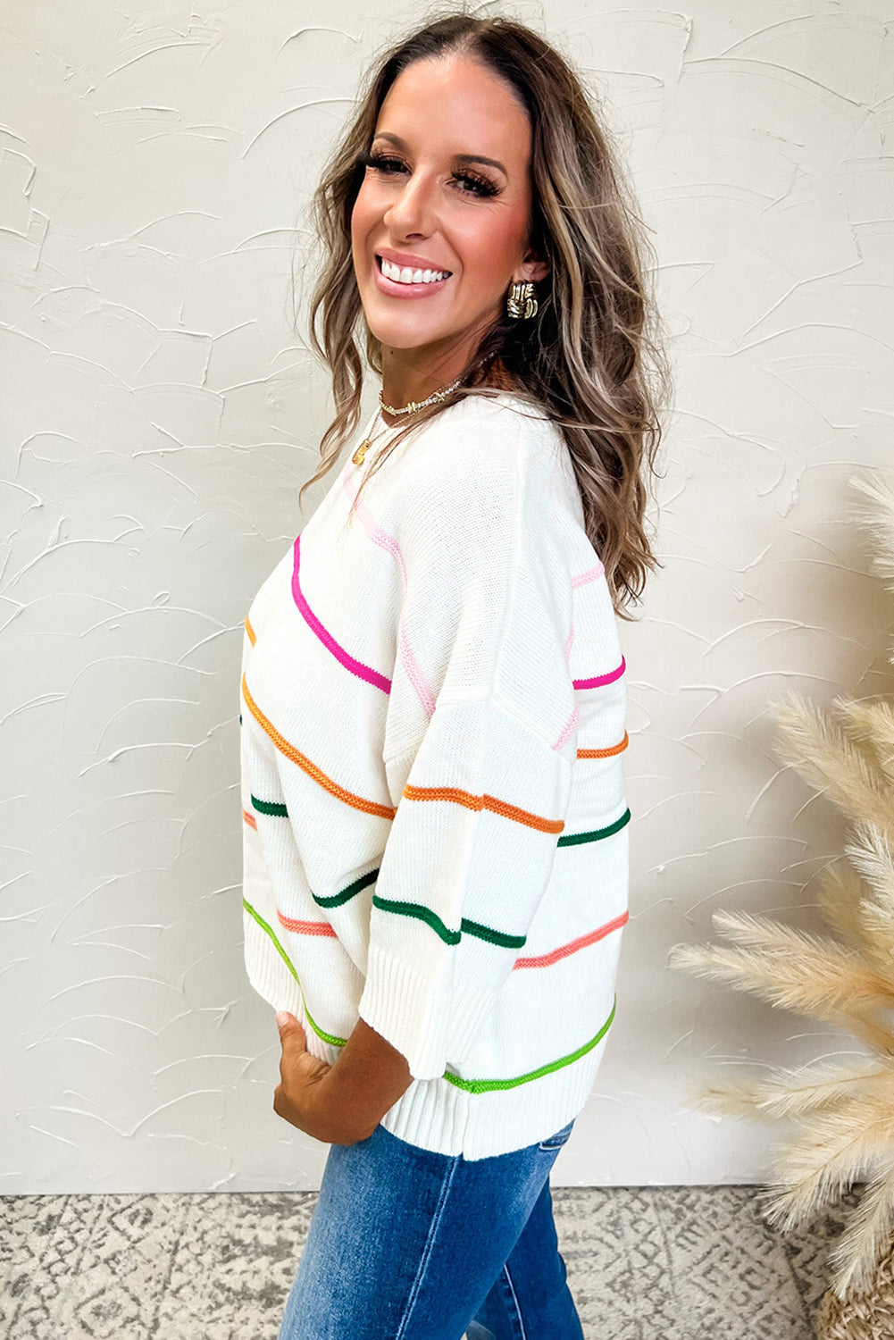 Striped Half Sleeve Drop Shoulder Sweater - Charming Charlie