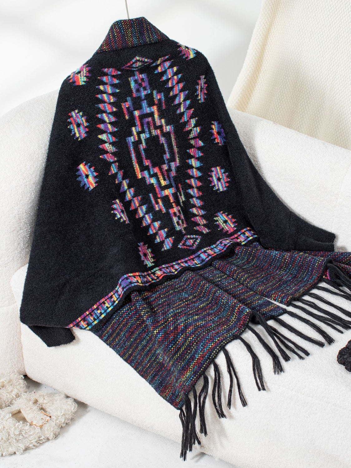 Fringe Geometric Open Front Long Sleeve Cape - Charming Charlie