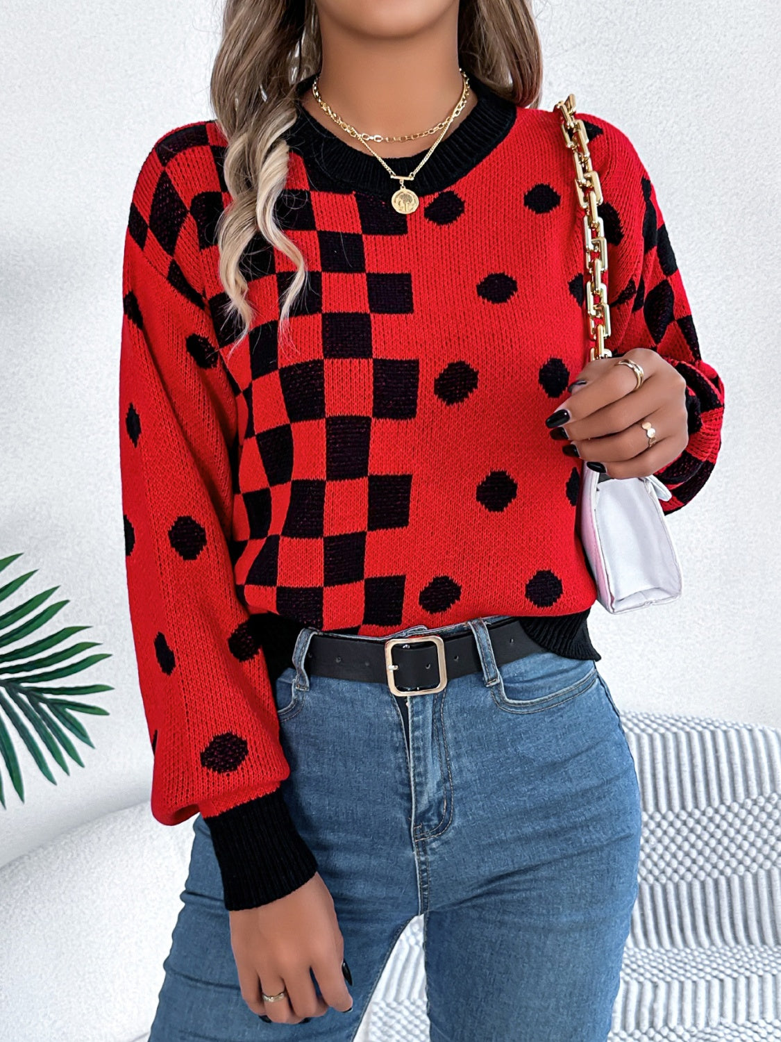 Plaid Round Neck Long Sleeve Sweater - Charming Charlie
