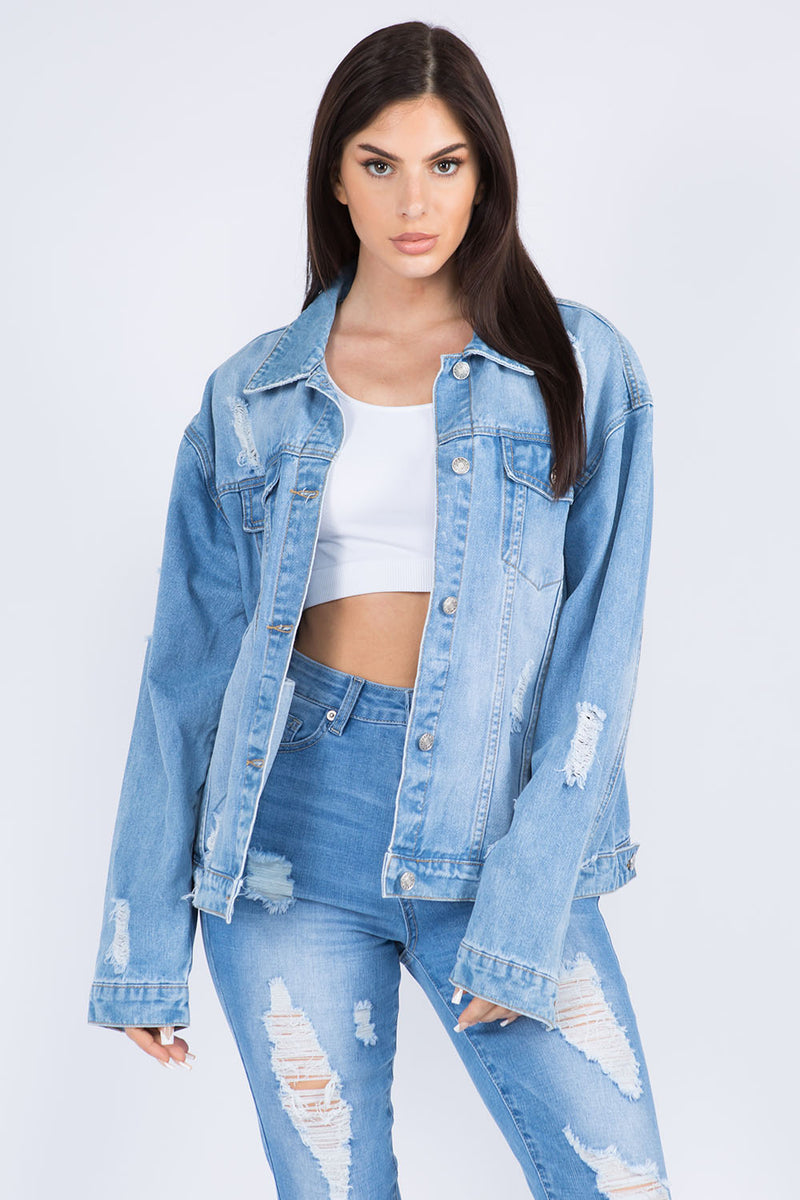 American Bazi Frayed Hem Distressed Denim Jacket