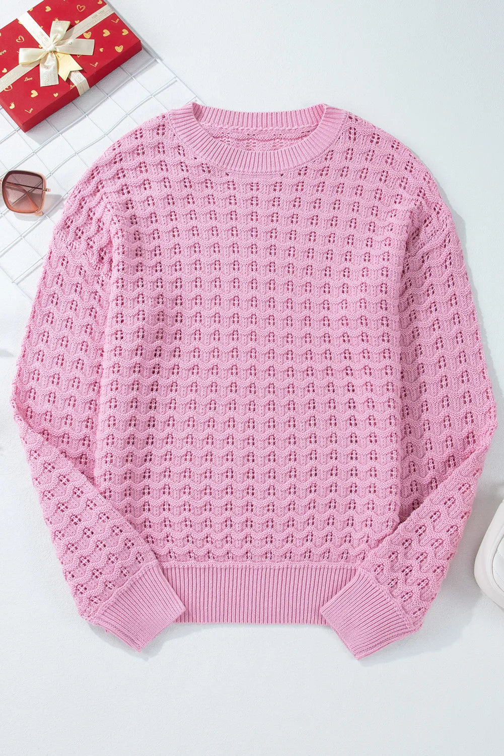 Round Neck Dropped Shoulder Long Sleeve Sweater - Charming Charlie