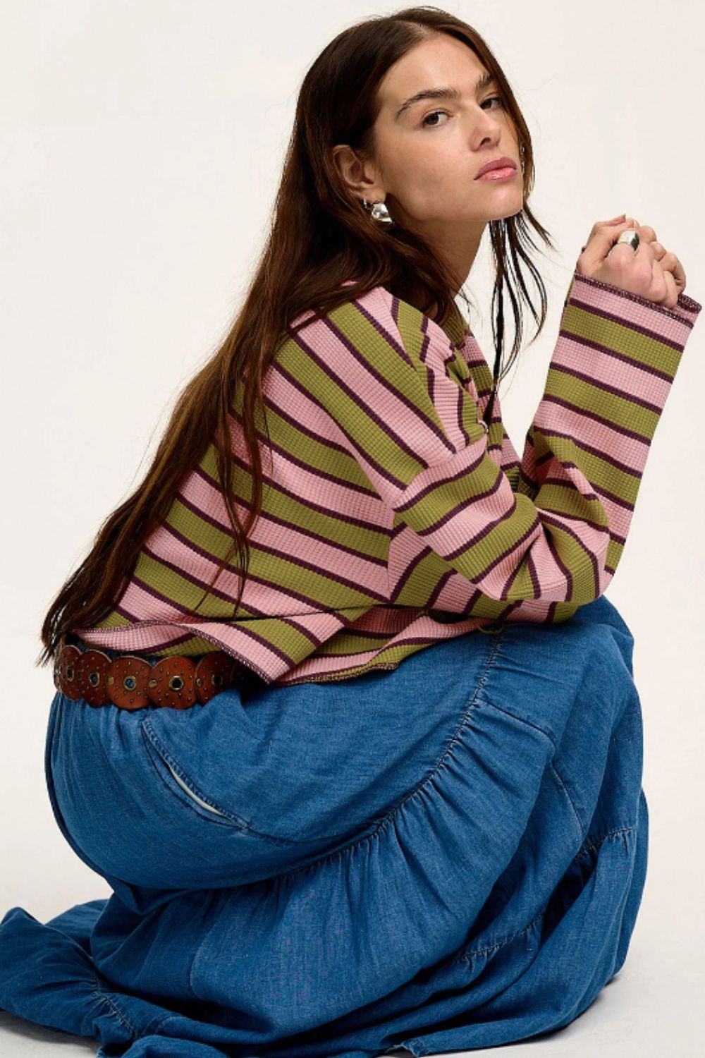 Striped Notched Long Sleeve T-Shirt - Charming Charlie