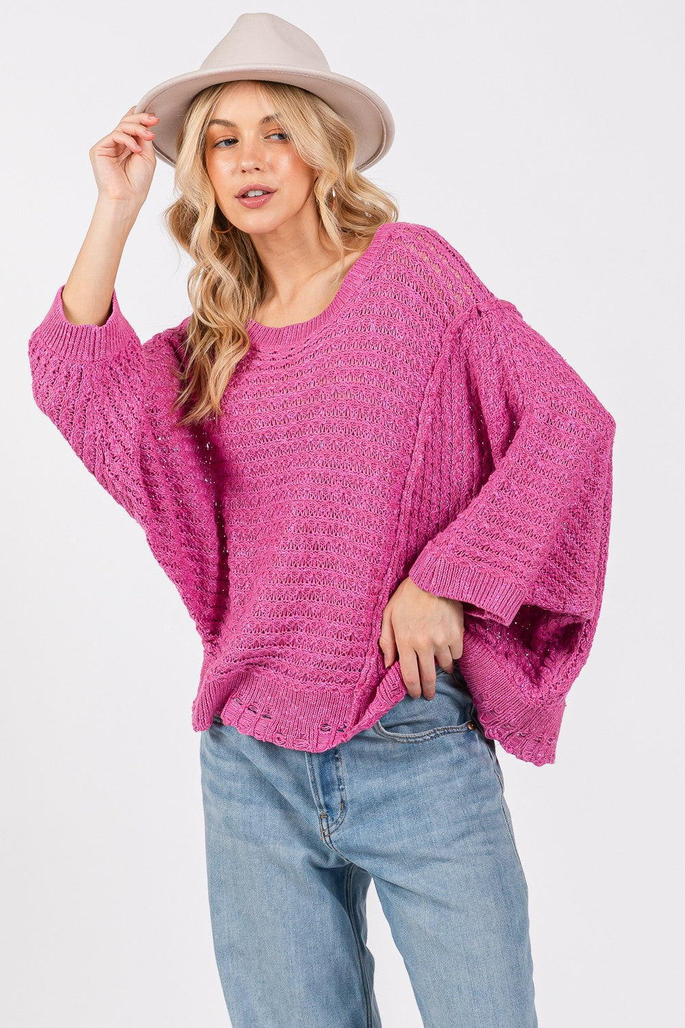 SAGE + FIG Distressed Asymmetrical Open Stitch Sweater - Charming Charlie