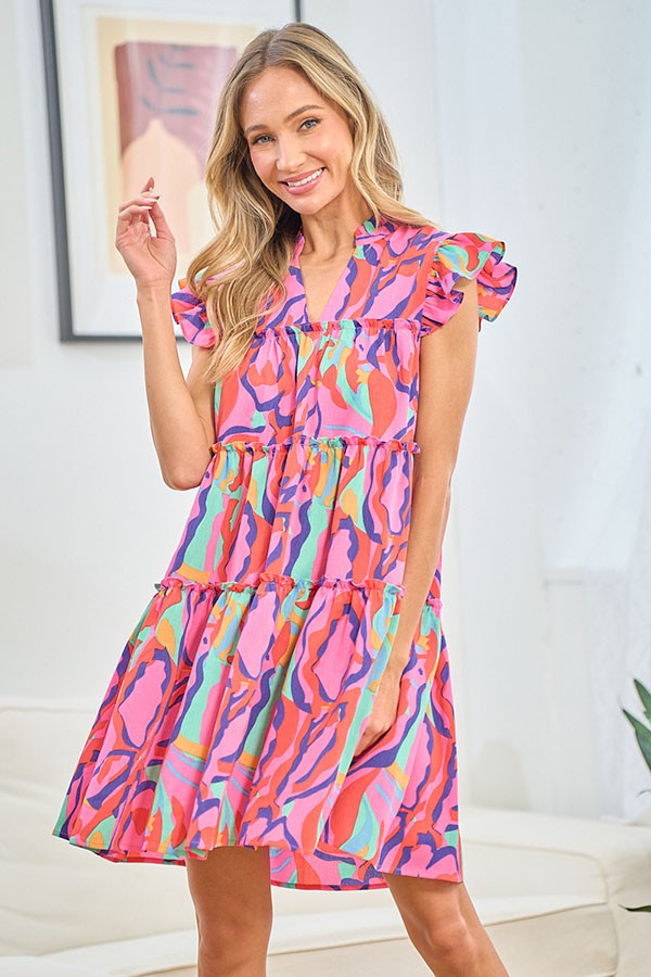 First Love Full Size Printed Ruffle Cap Sleeve Tiered Dress - Charming Charlie