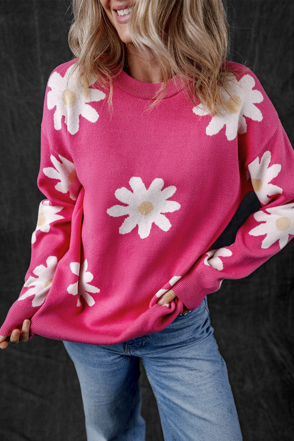 Daisy Round Neck Dropped Shoulder Sweater - Charming Charlie
