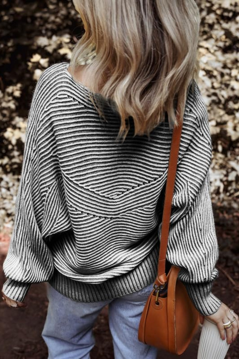 Textured Striped Round Neck Long Sleeve Top - Charming Charlie