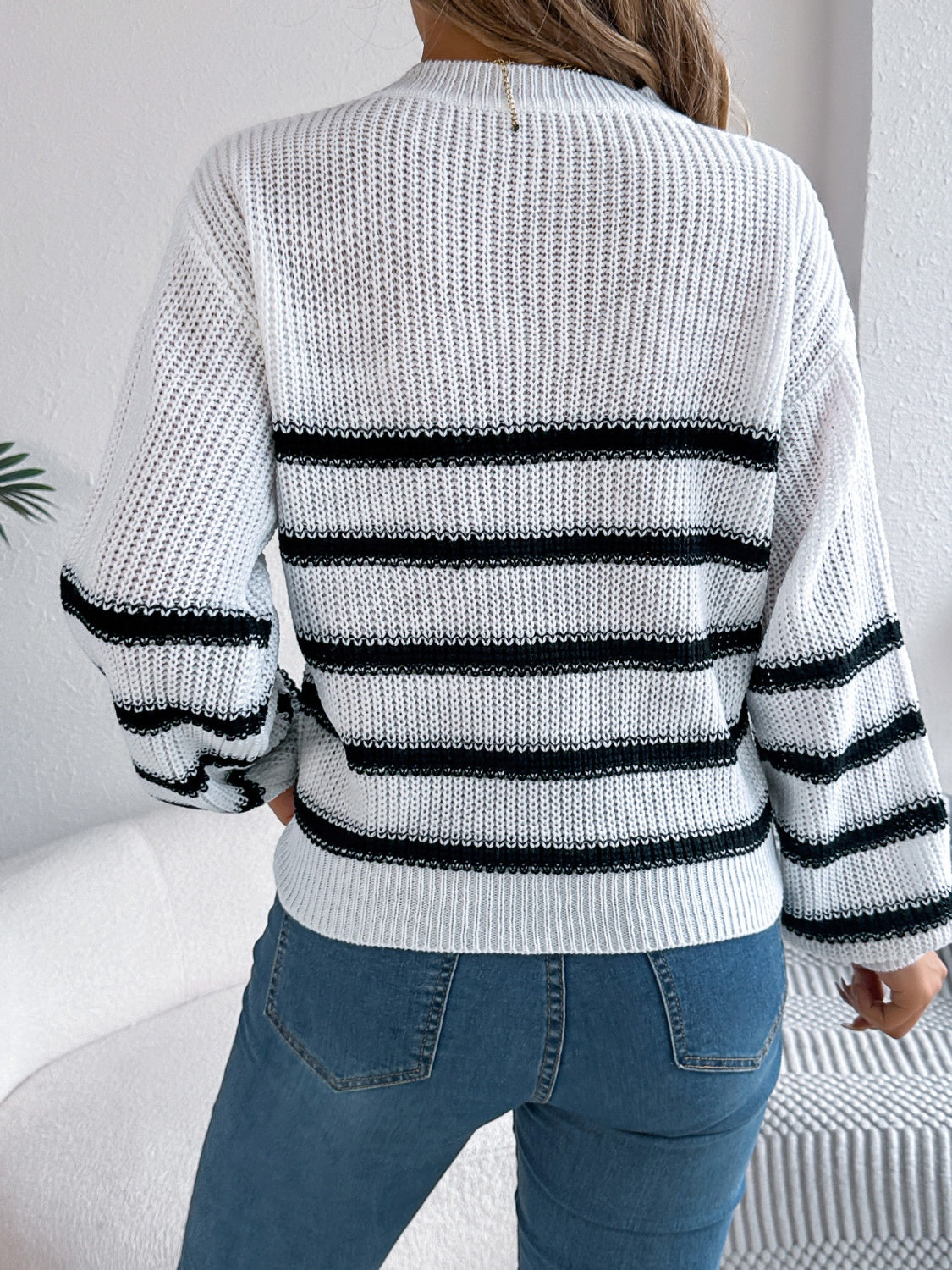 Striped Round Neck Long Sleeve Sweater - Charming Charlie