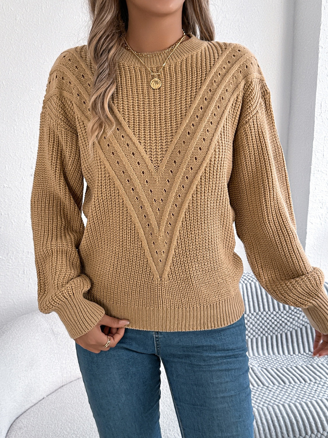 Openwork Round Neck Long Sleeve Sweater - Charming Charlie