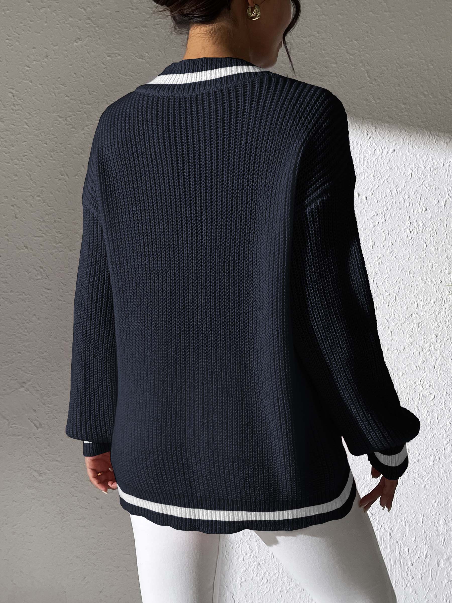 Contrast Trim V-Neck Long Sleeve Sweater - Charming Charlie