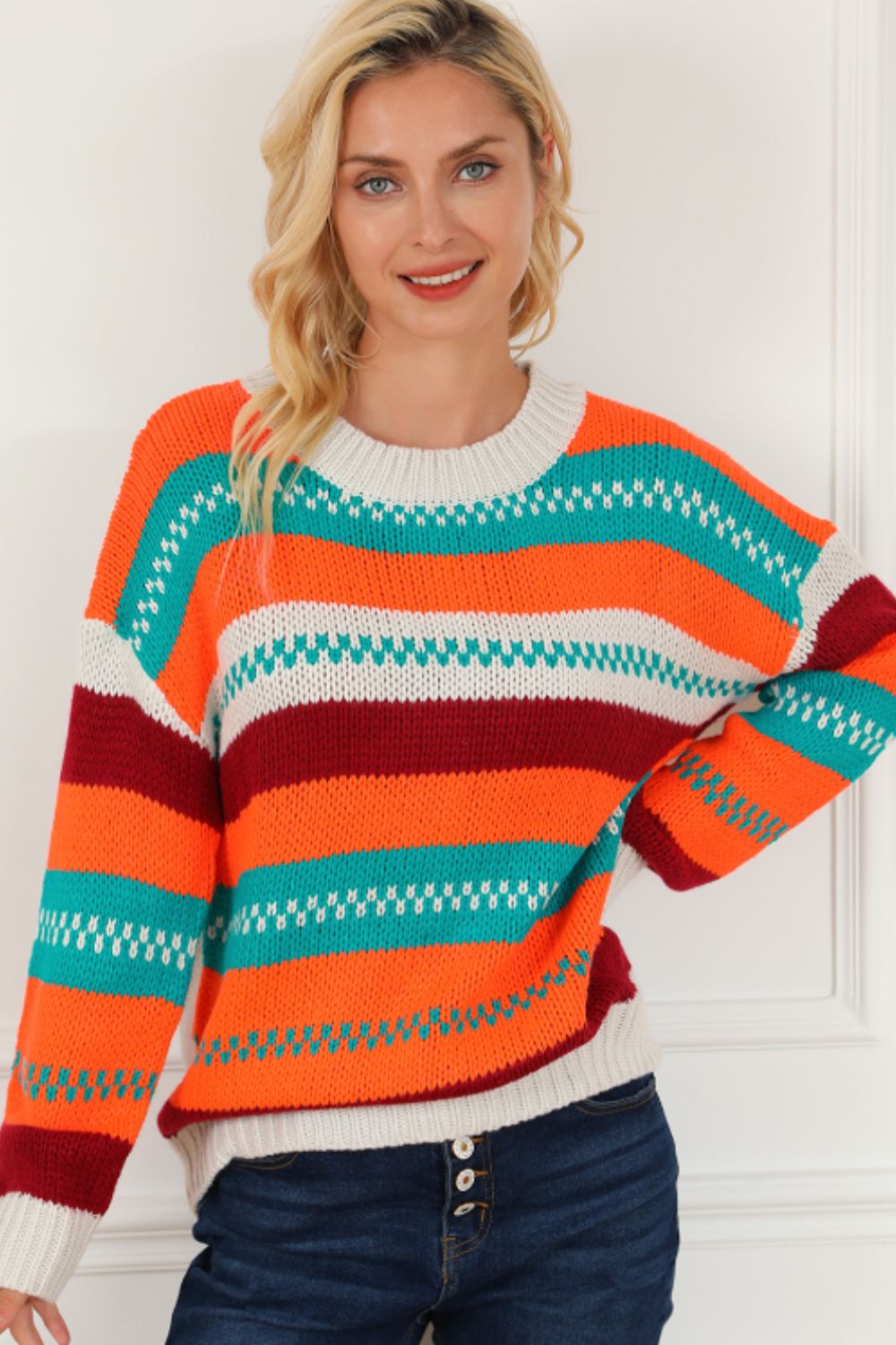 Contrast Striped Round Neck Long Sleeve Sweater - Charming Charlie