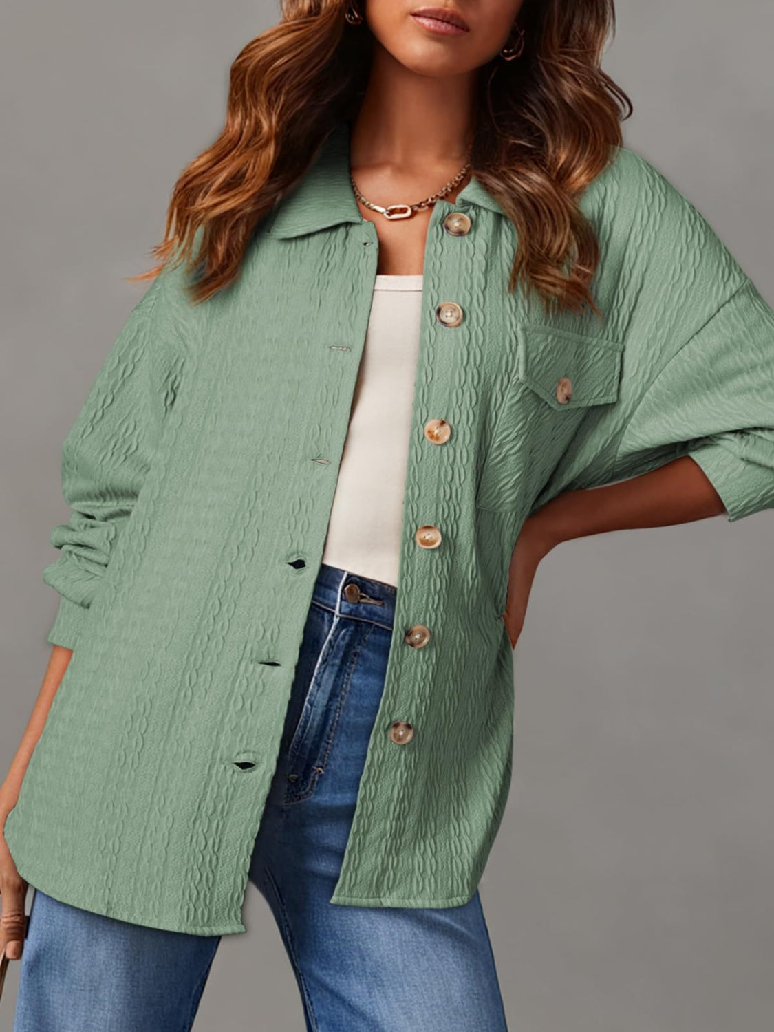 Textured Button Up Long Sleeve Shacket - Charming Charlie