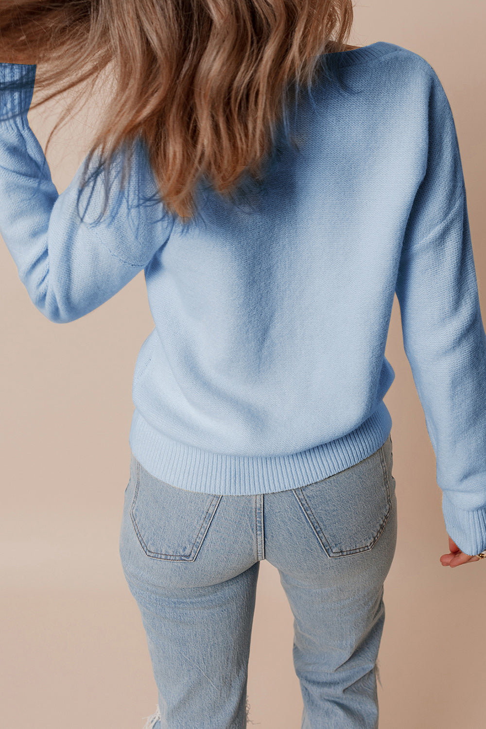 Crochet Flower Round Neck Dropped Shoulder Sweater - Charming Charlie