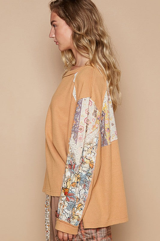 POL Waffle-Knit Lace Detail Round Neck Top - Charming Charlie