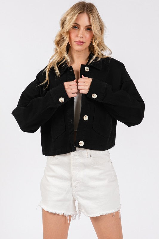 bytos Button Down Cropped Denim Jacket with Patch Pockets - Charming Charlie