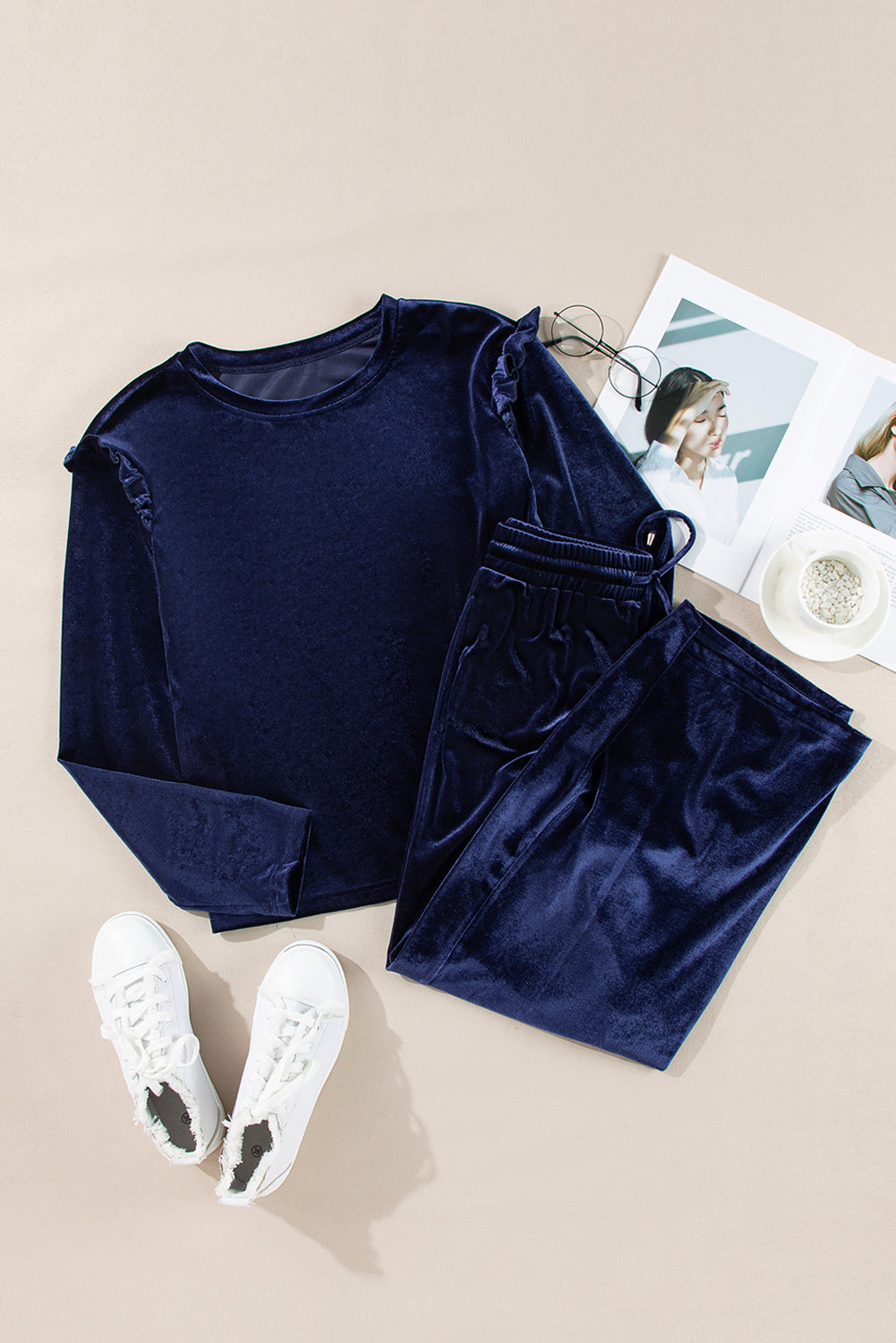 Frill Round Neck Long Sleeve Top and Pants Set - Charming Charlie