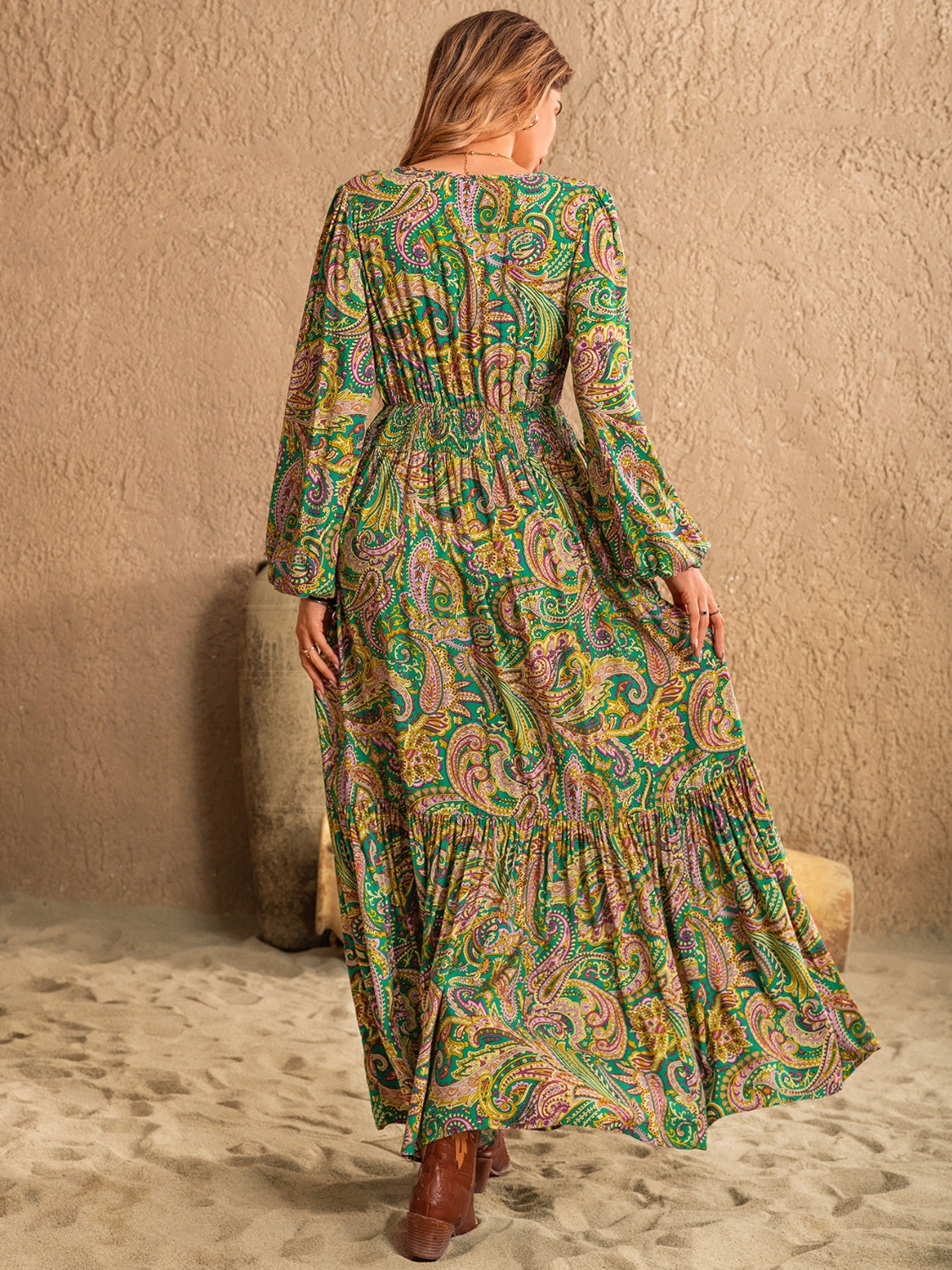 Printed Tie Neck Long Sleeve Dress - Charming Charlie