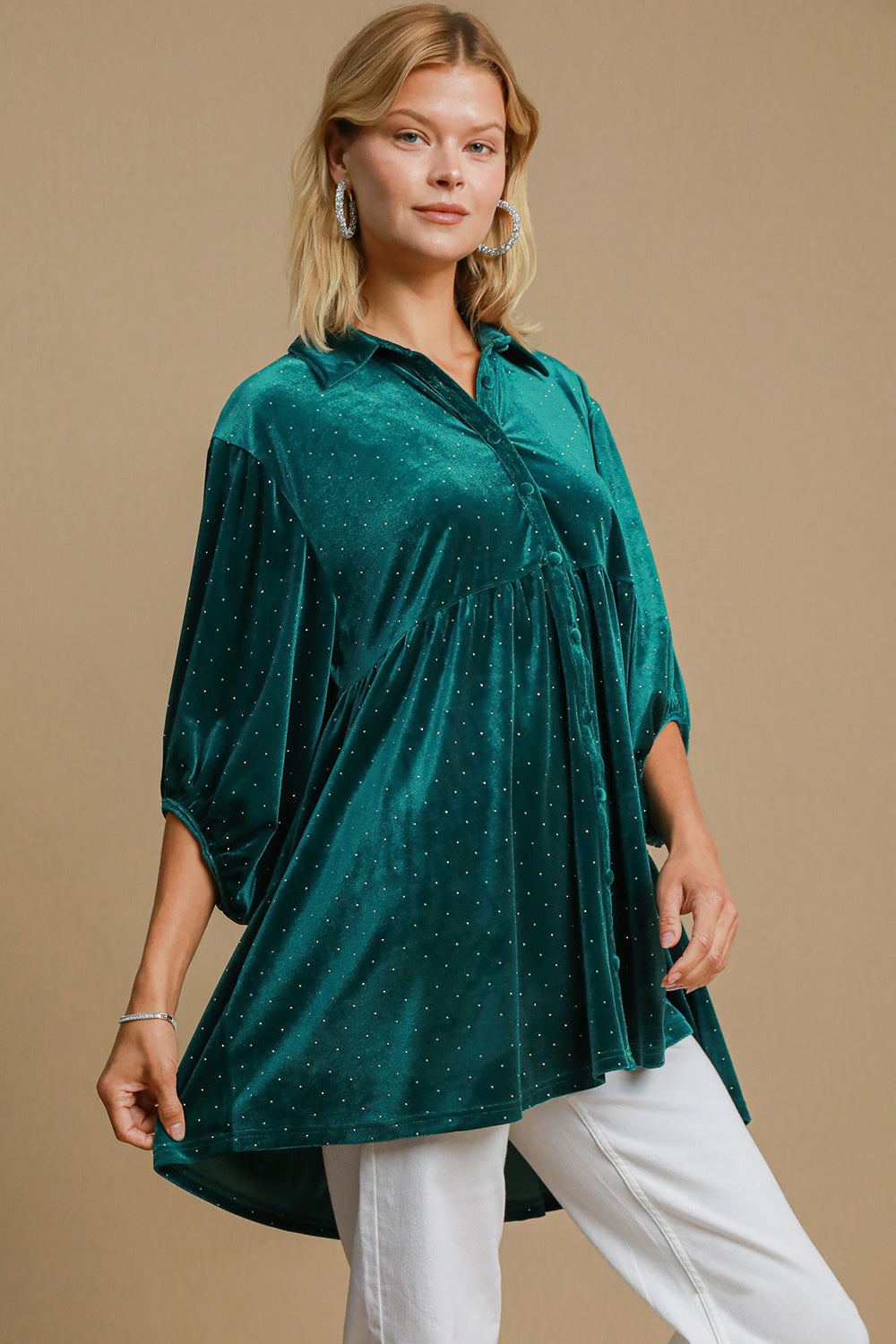 Umgee Full Size Polka Dot Collared Neck Button Up Shirt - Charming Charlie
