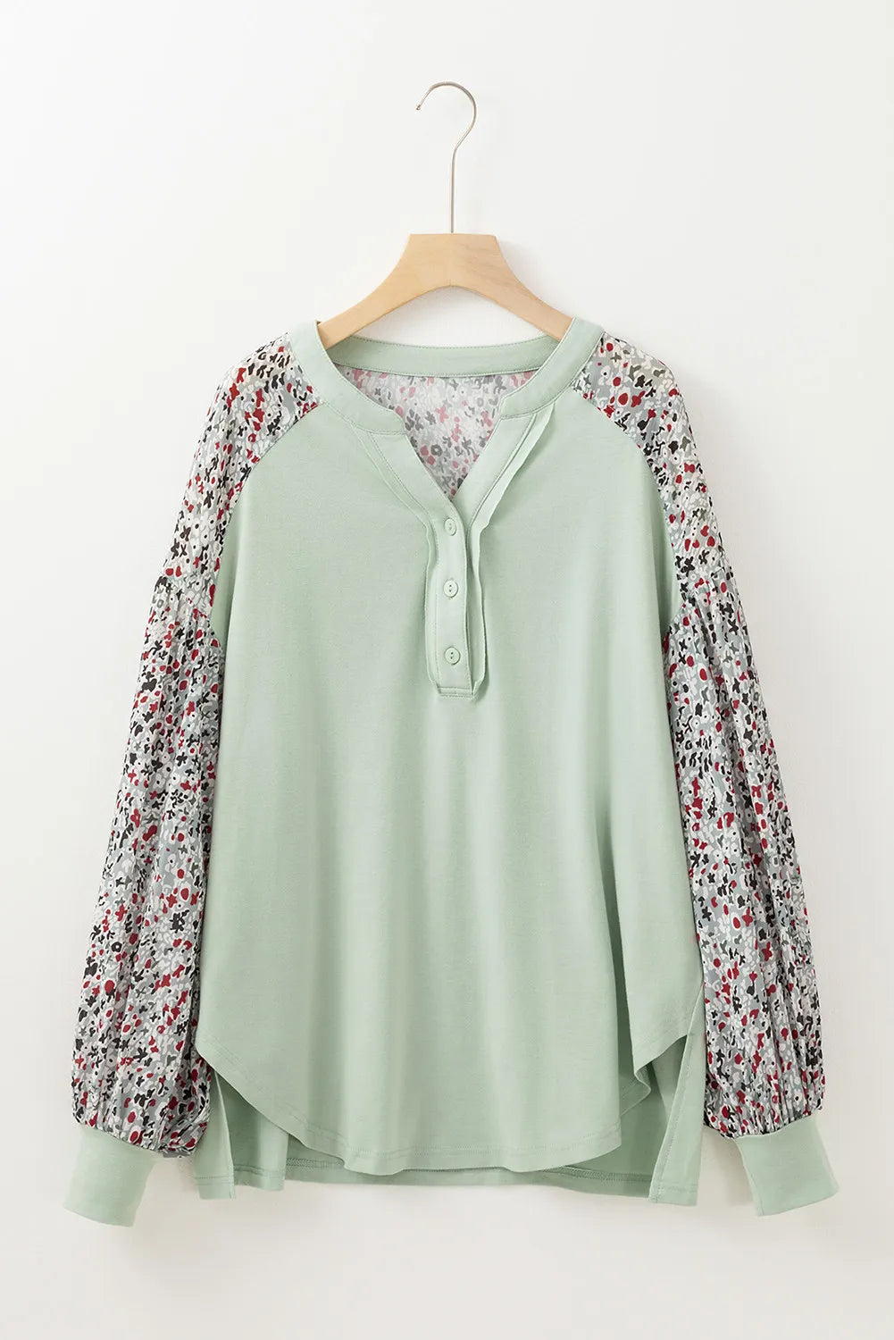 Printed Notched Long Sleeve Blouse - Charming Charlie