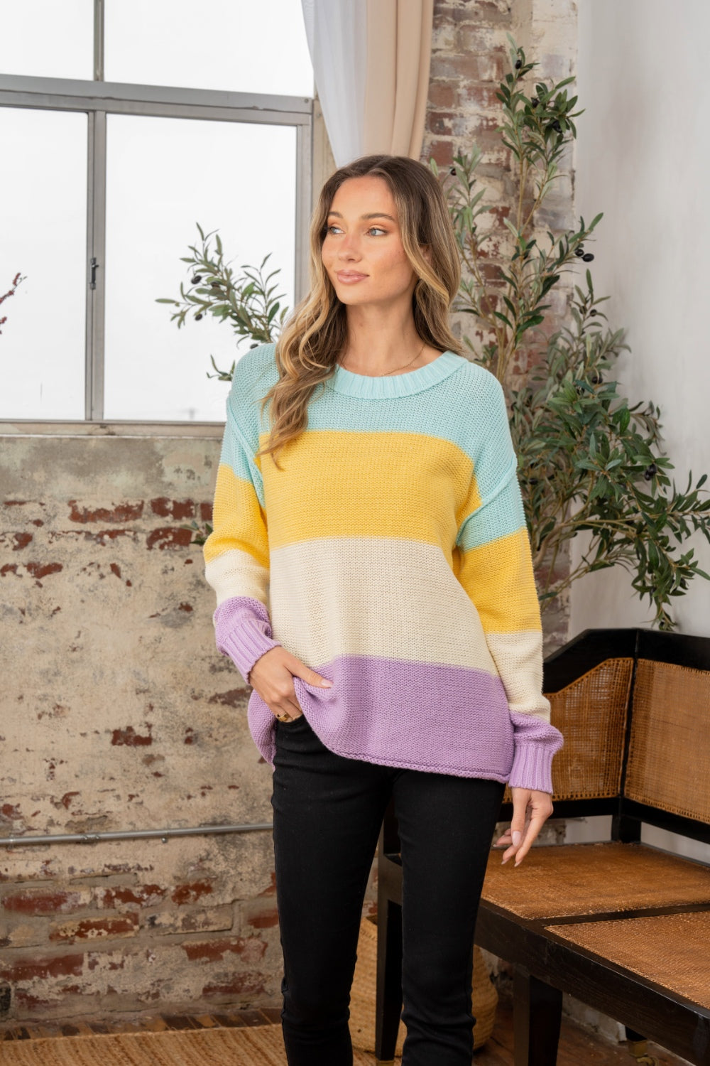 Sew In Love Full Size Color Block Exposed Seam Sweater - Charming Charlie