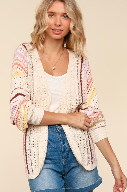 Haptics Full Size Striped Crochet Open Front Cardigan - Charming Charlie