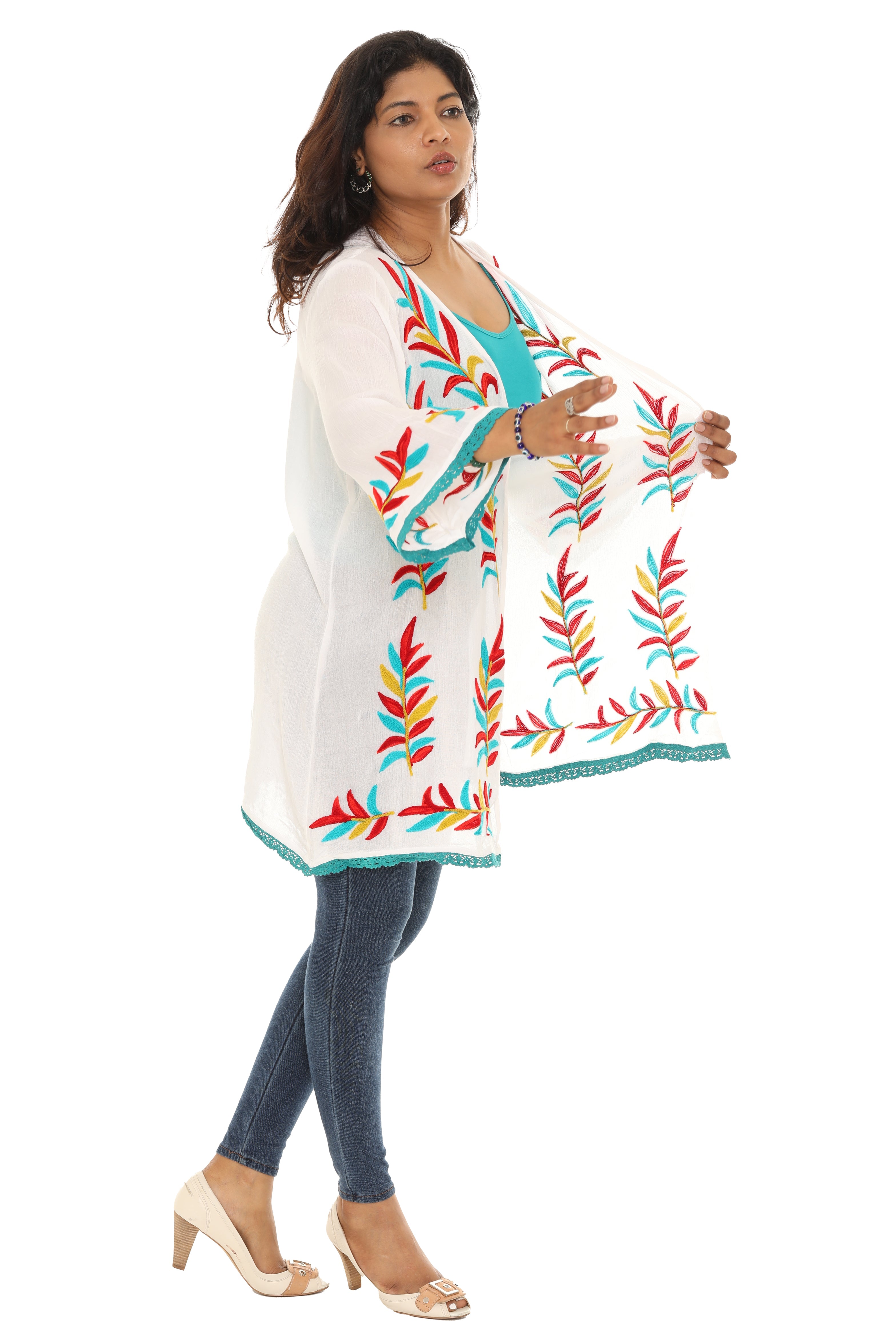 Leaf Embroidery Eyelet-Trim Open Cardigan - Charming Charlie