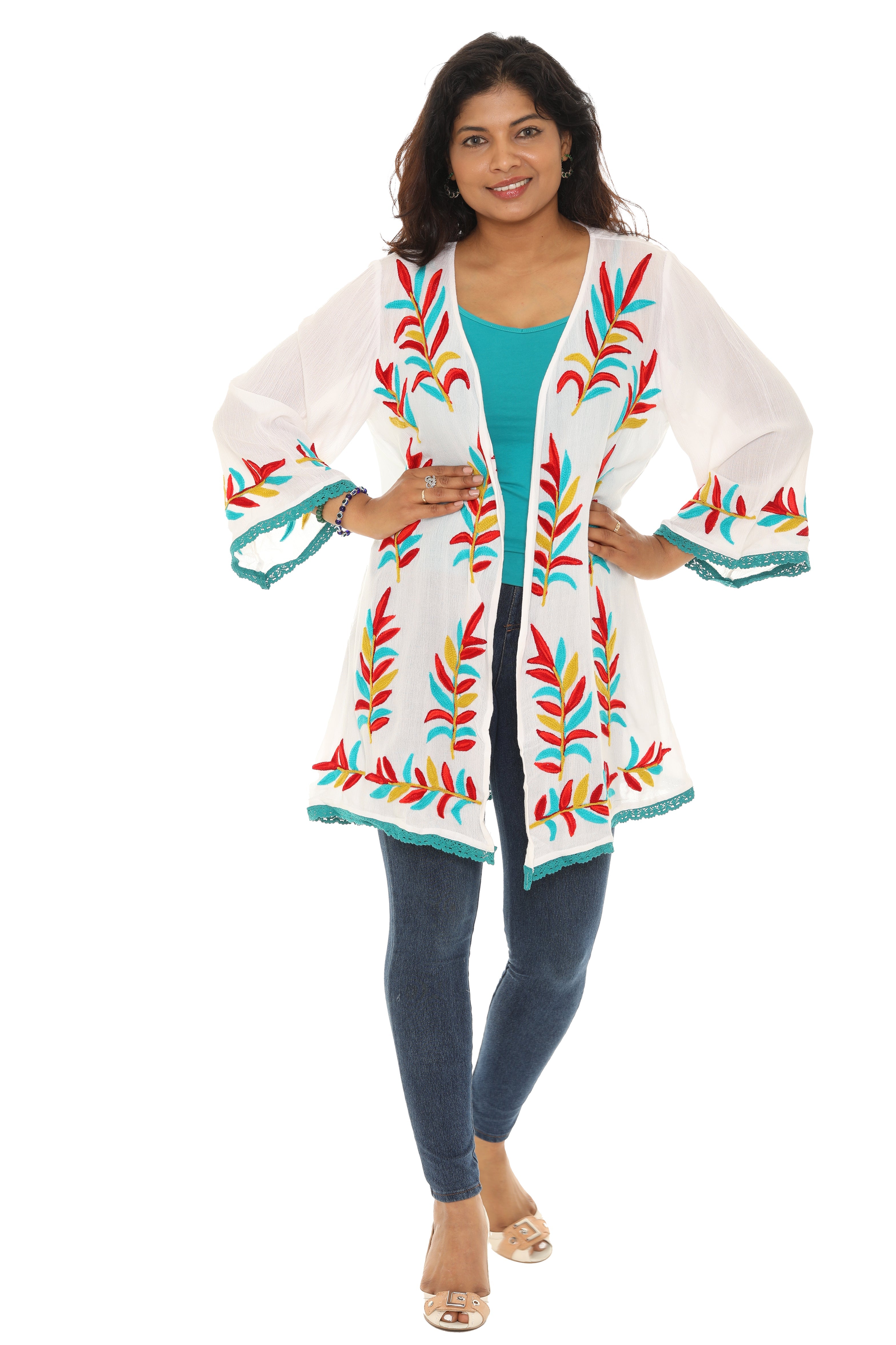 Leaf Embroidery Eyelet-Trim Open Cardigan - Charming Charlie