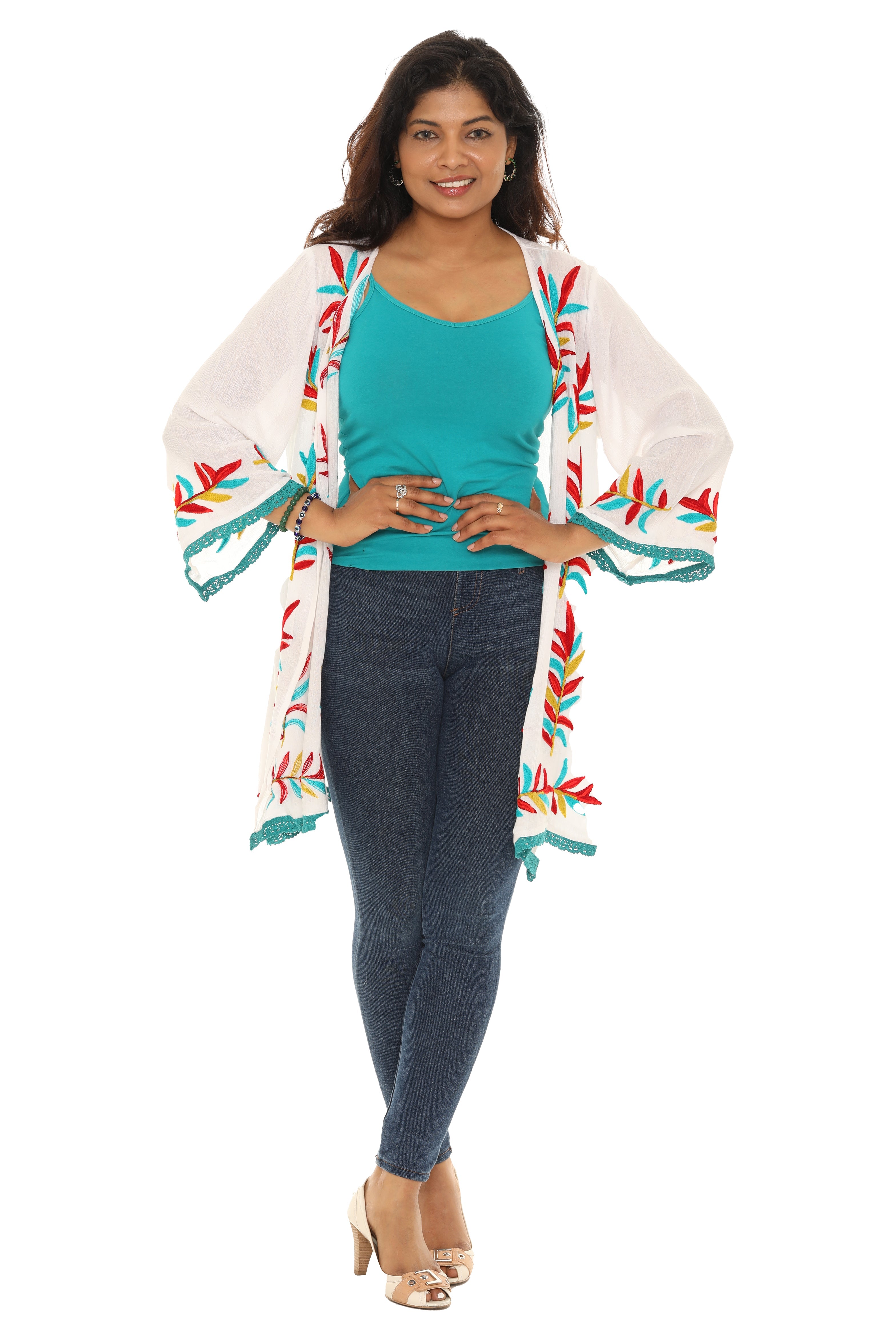Leaf Embroidery Eyelet-Trim Open Cardigan - Charming Charlie
