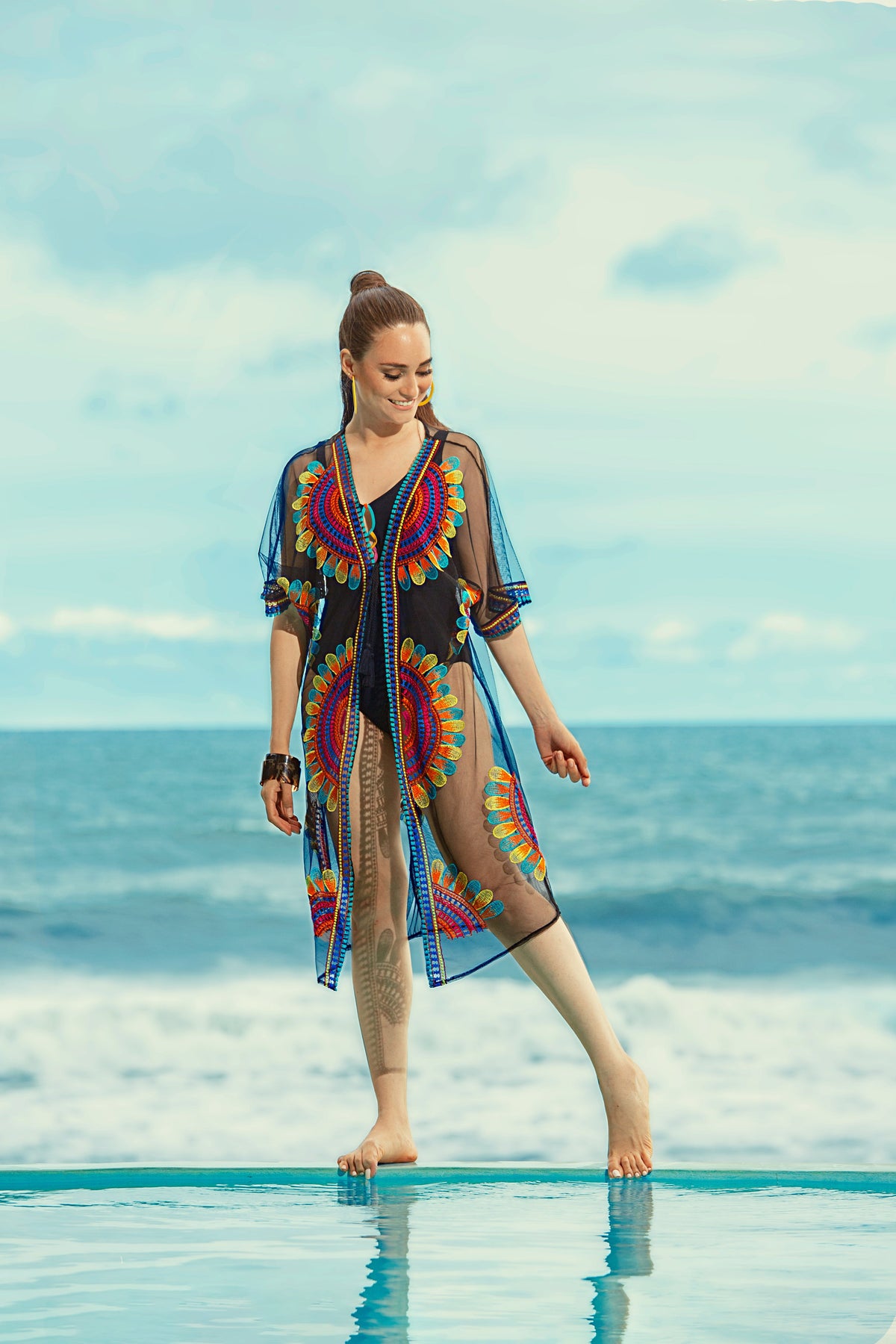 Women’s Sheer Mesh Floral Embroidered Long Beach Duster - Charming Charlie