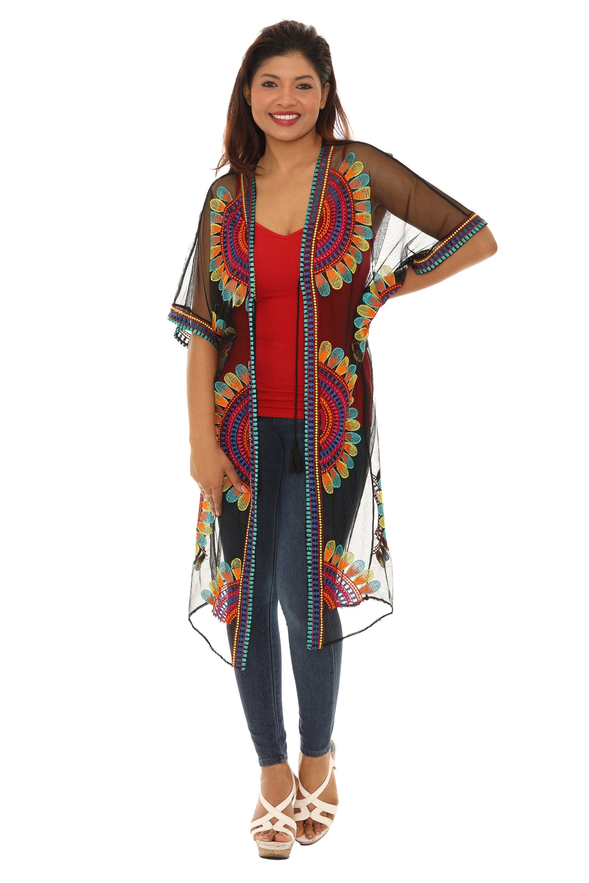 Women’s Sheer Mesh Floral Embroidered Long Beach Duster - Charming Charlie