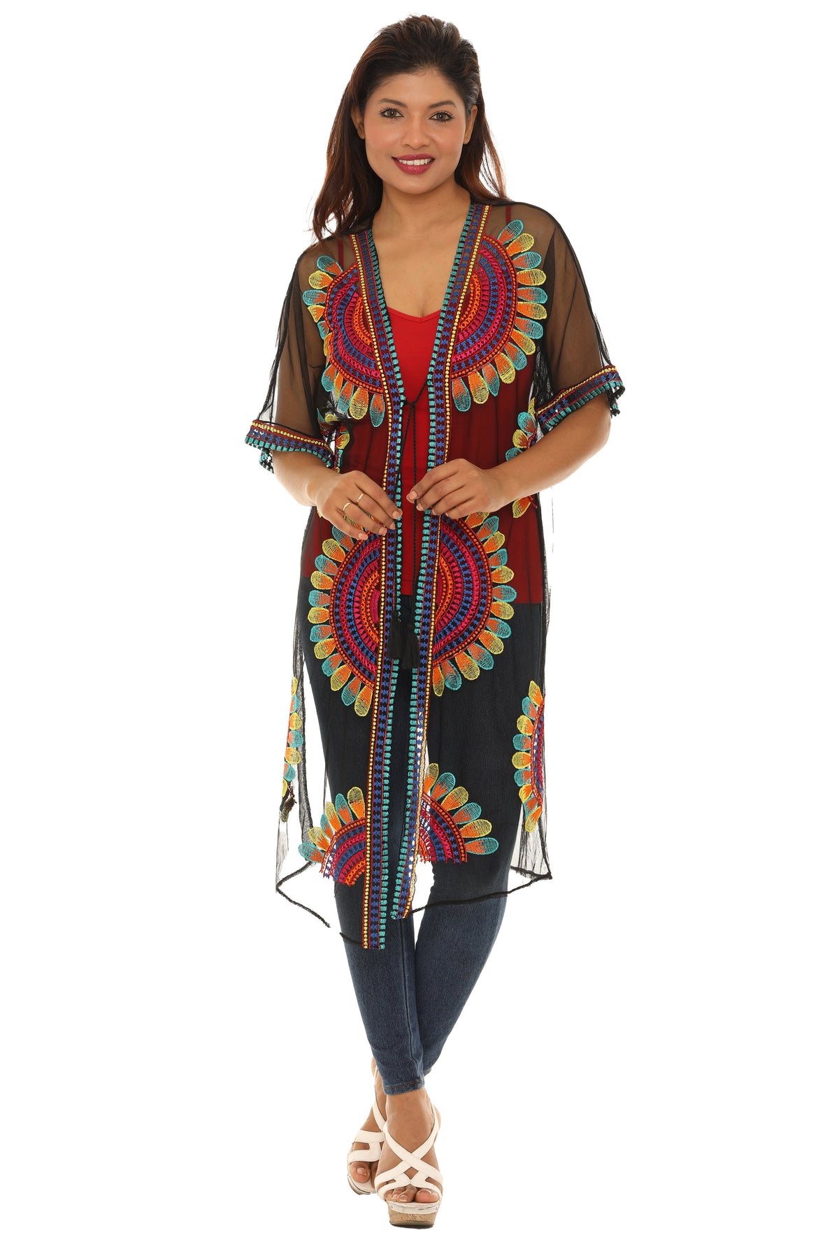 Women’s Sheer Mesh Floral Embroidered Long Beach Duster - Charming Charlie