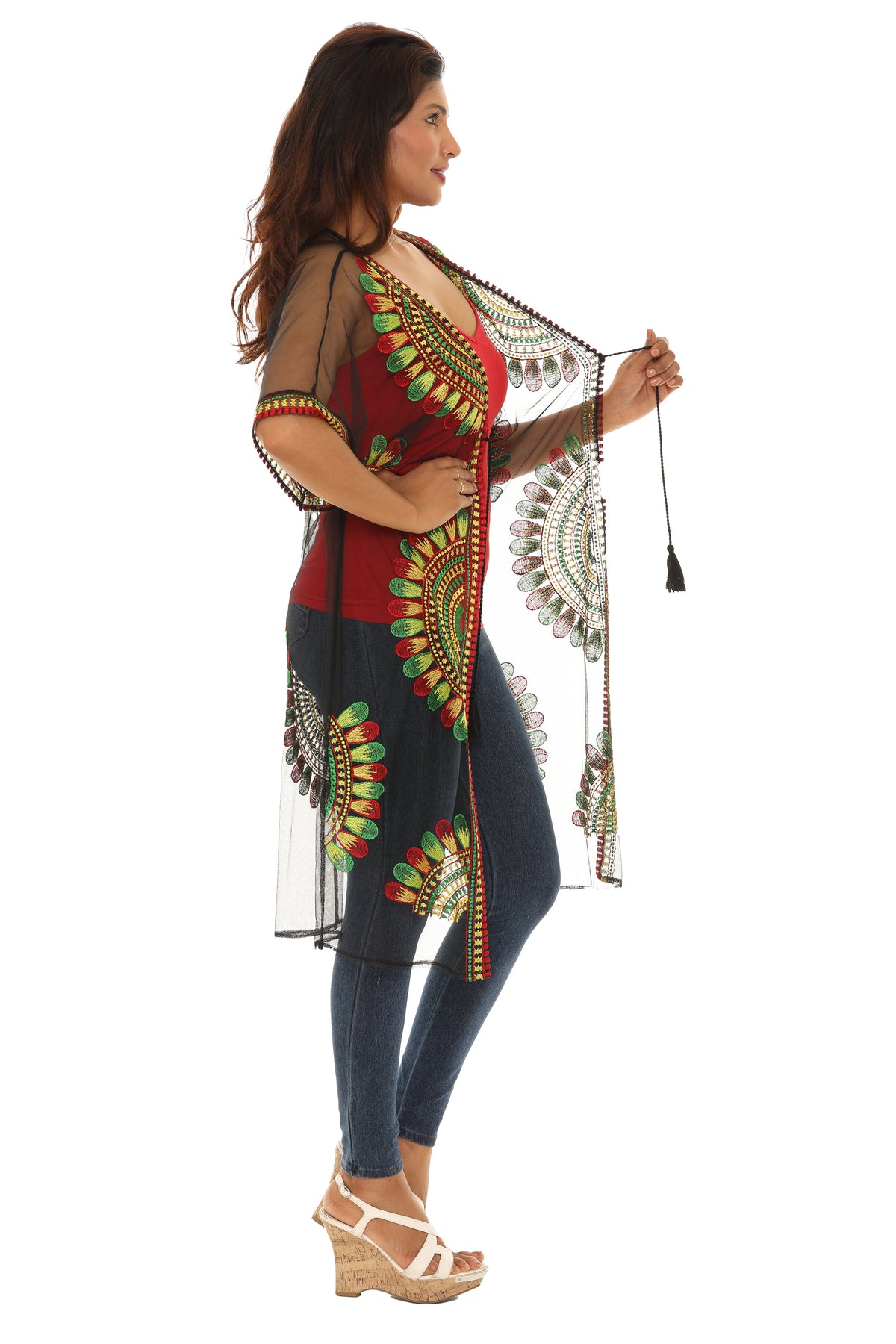 Women’s Sheer Mesh Floral Embroidered Long Beach Duster - Charming Charlie