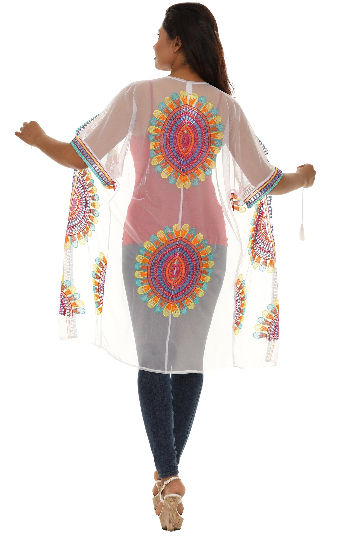 Women’s Sheer Mesh Floral Embroidered Long Beach Duster - Charming Charlie