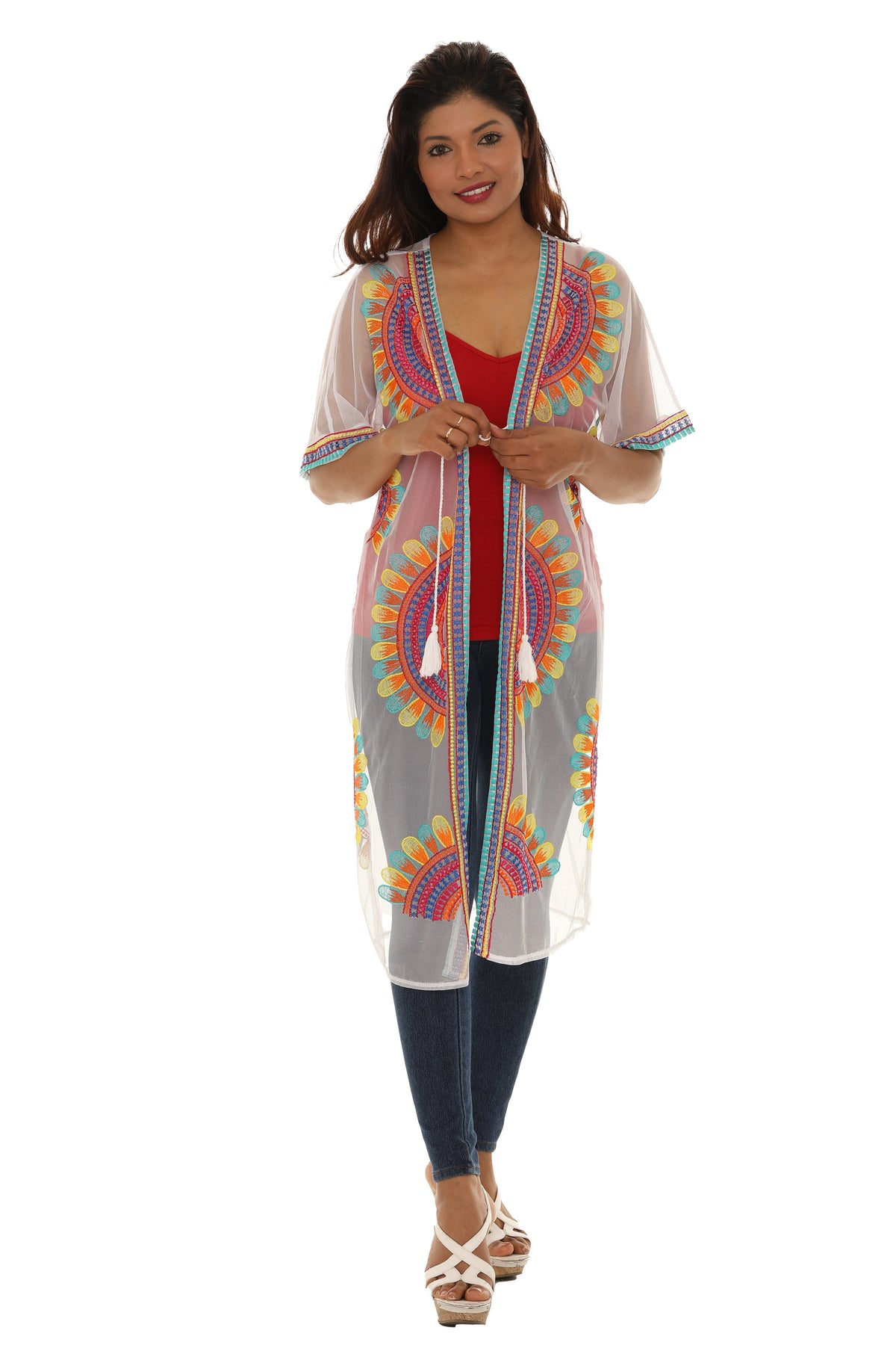 Women’s Sheer Mesh Floral Embroidered Long Beach Duster - Charming Charlie