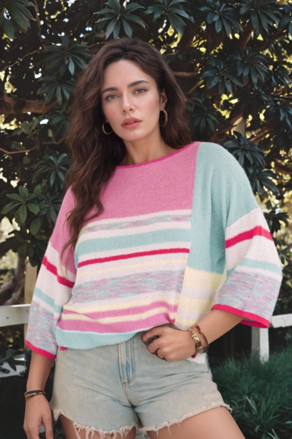Contrast Round Neck Three-Quarter Sleeve Knit Top - Charming Charlie
